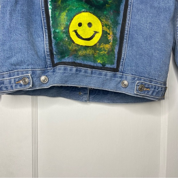 Top Shop Moto Custom Painted Sherpa Denim Jacket Size 0 - Picture 10 of 12